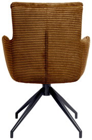 Rückansicht eines braunen Armlehnstuhls mit geripptem Stoffbezug und schwarzem Metallgestell.