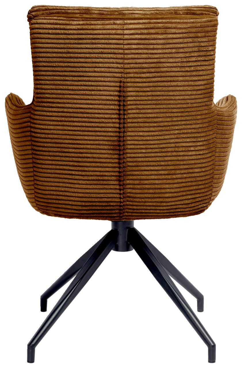 Rückansicht eines braunen Armlehnstuhls mit geripptem Stoffbezug und schwarzem Metallgestell.