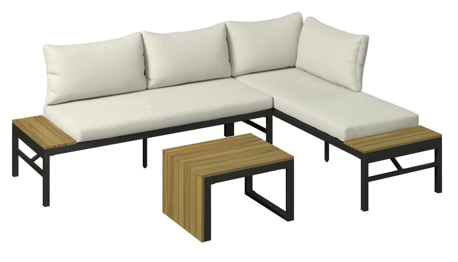 Loungegarnitur-Set mit cremefarbenen Kissen und Holzdetails, perspektivisch von vorne rechts gesehen.
