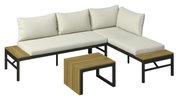 Loungeset met crèmekleurige kussens en houten details, in perspectief gezien vanaf rechtsvoor.
