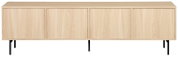 Frontansicht eines langen Sideboards aus hellem Holz mit vier Türen und schwarzen Metallbeinen vor weißem Hintergrund