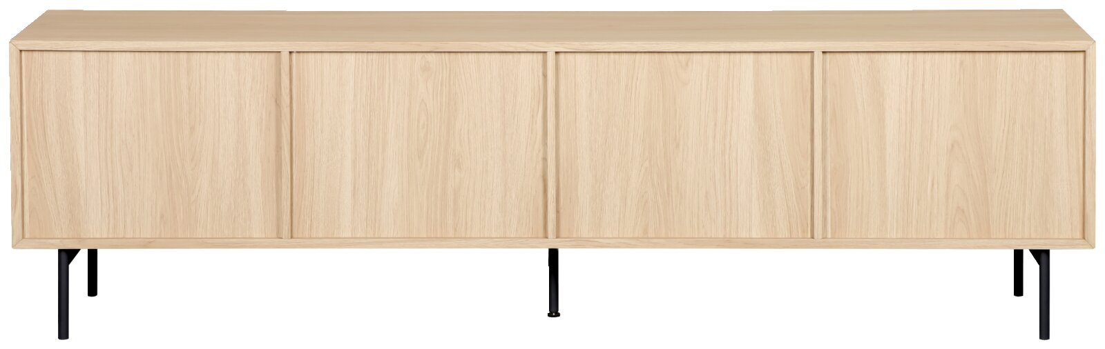 Frontansicht eines langen Sideboards aus hellem Holz mit vier Türen und schwarzen Metallbeinen vor weißem Hintergrund