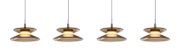 Vooraanzicht van vier moderne hanglampen met transparant rookbruin dubbel schijfvormig glas en warmwit licht, hangend aan zwarte snoeren tegen een witte achtergrond.