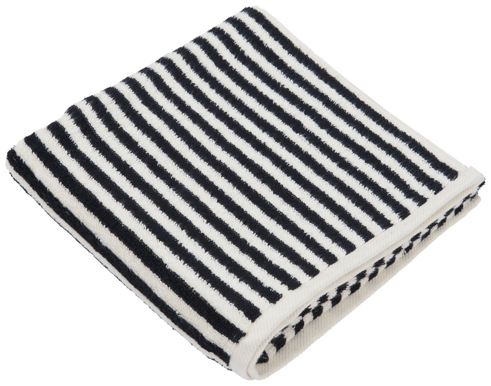 Gefaltetes Handtuch mit schwarz-weißen Streifen, Ansicht von oben.