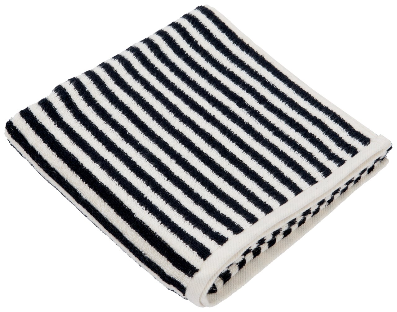 Gefaltetes Handtuch mit schwarz-weißen Streifen, Ansicht von oben.