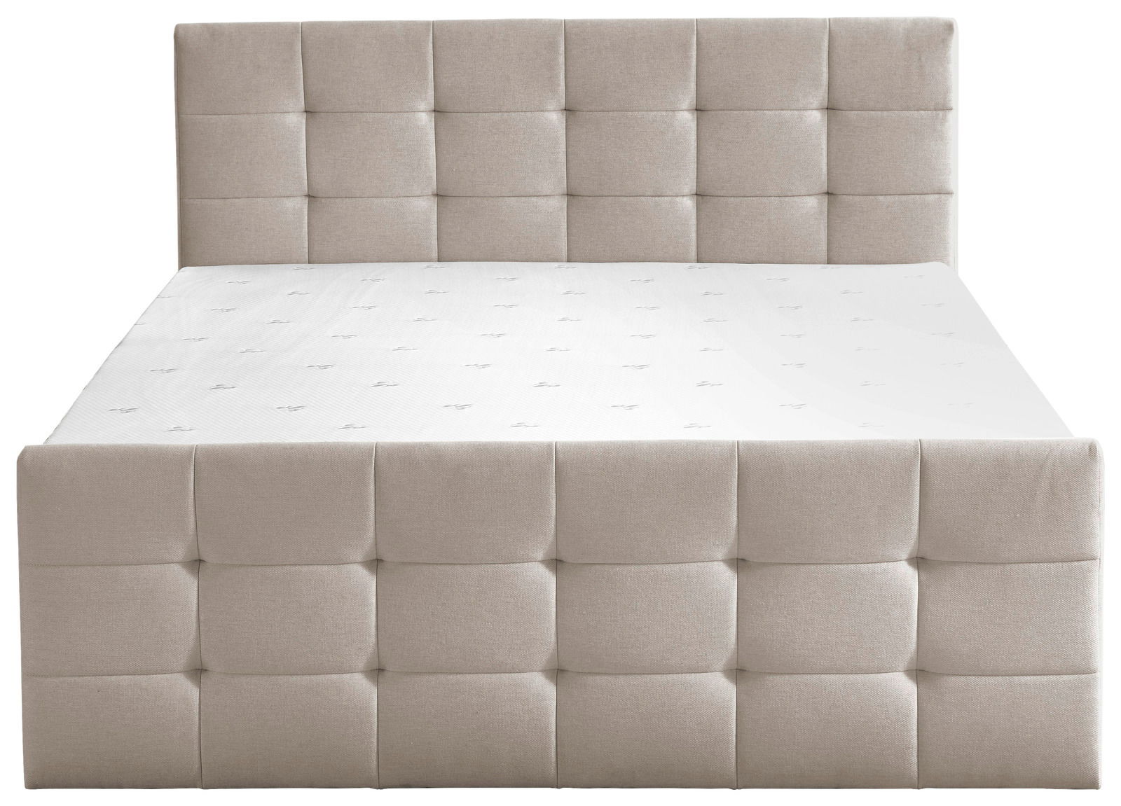 Beiges Boxbett mit gestepptem Kopfteil, Frontalansicht