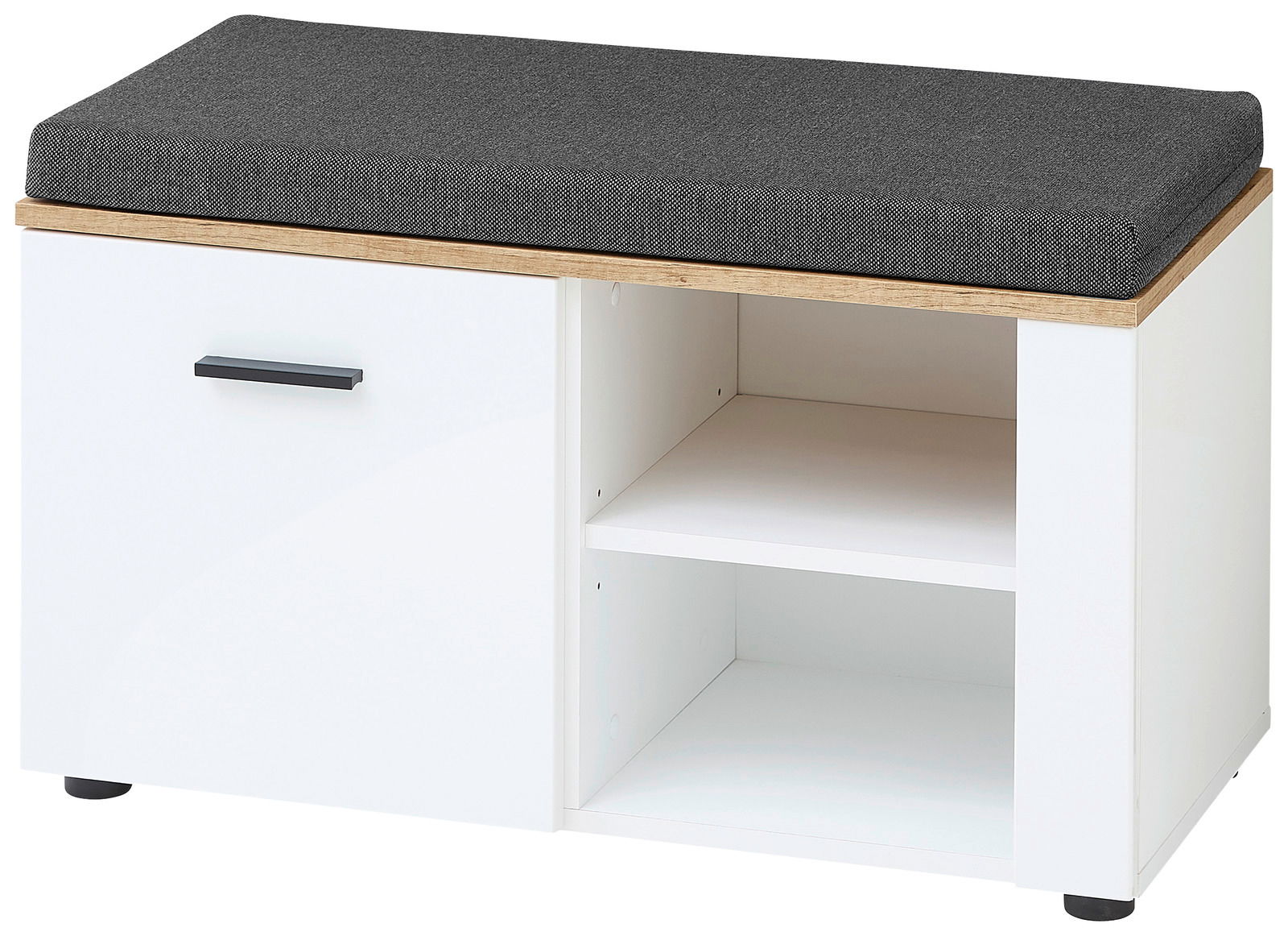 XORA Garderobenbank SPARKS Garderobenbank mit weißem Korpus, schwarzem Griff und grauem Sitzpolster, seitliche Perspektive
