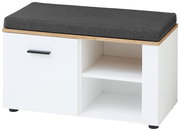 Garderobenbank mit weißem Korpus, schwarzem Griff und grauem Sitzpolster, seitliche Perspektive