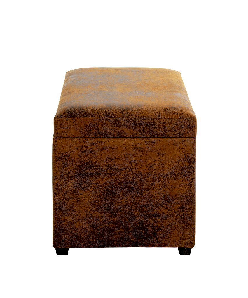 Quadratischer Sitzhocker in braunem Vintage-Lederlook mit gepolsterter Oberfläche und schwarzen Füßen, Frontansicht
