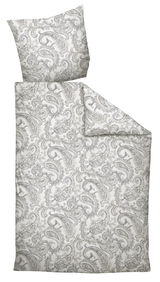 Bettwäsche-Set mit Paisley-Muster in Weiß und Grau, bestehend aus einem Kissenbezug und einem Bettdeckenbezug, aus der Vogelperspektive fotografiert.
