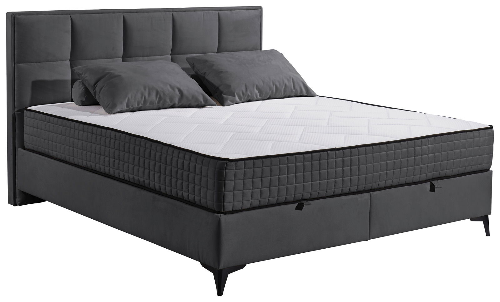 Boxbett in seitlicher Perspektive mit grauem Kopfteil und Matratze, zwei Kissen auf dem Bett.