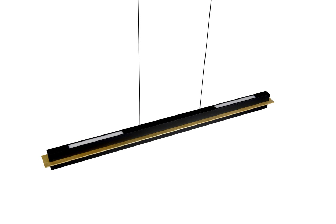 Moderne LED-Hängeleuchte in Schwarz und Gold, seitliche Perspektive