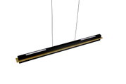 Moderne LED-Hängeleuchte in Schwarz und Gold, seitliche Perspektive