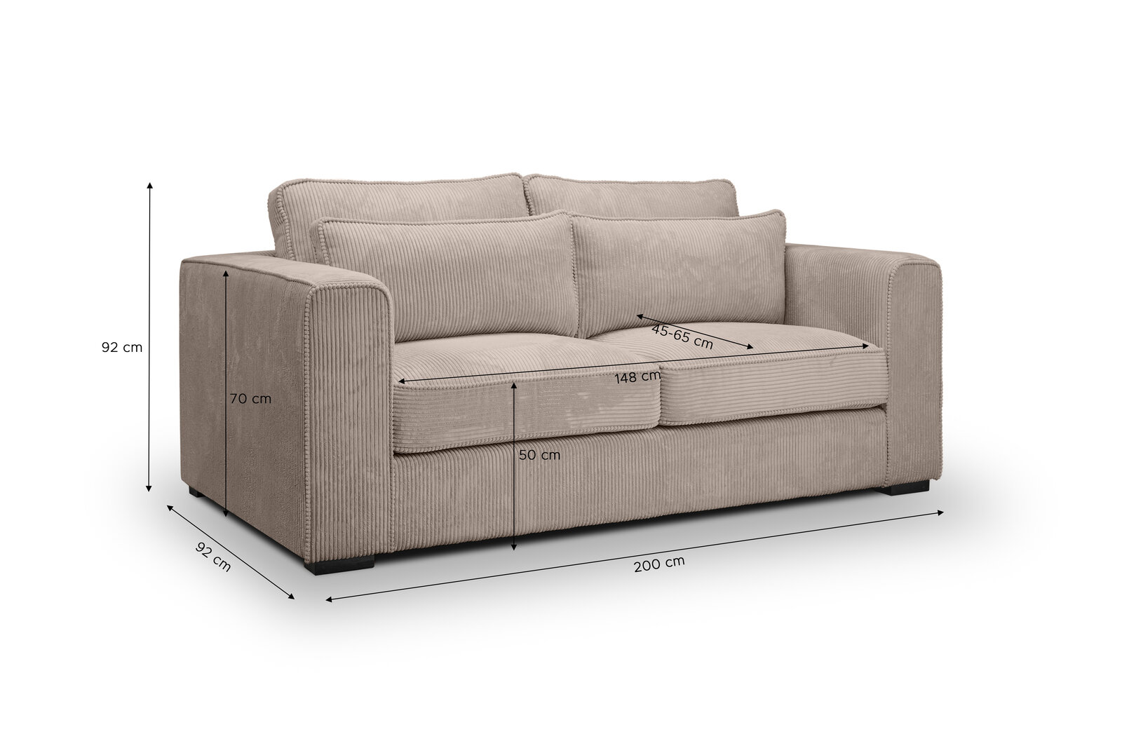 Beiges 2-Sitzer-Sofa mit Cordbezug und breiten Armlehnen, Frontansicht leicht schräg von links, mit eingezeichneten Maßen (B ca. 200 cm, T ca. 92 cm, H ca. 92 cm).