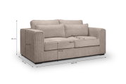 Beiges 2-Sitzer-Sofa mit Cordbezug und breiten Armlehnen, Frontansicht leicht schräg von links, mit eingezeichneten Maßen (B ca. 200 cm, T ca. 92 cm, H ca. 92 cm).