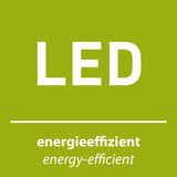 LED-Symbol auf grünem Hintergrund, das die Energieeffizienz der Wandleuchte PURE CLIPSE von Paul Neuhaus hervorhebt. Frontalansicht.