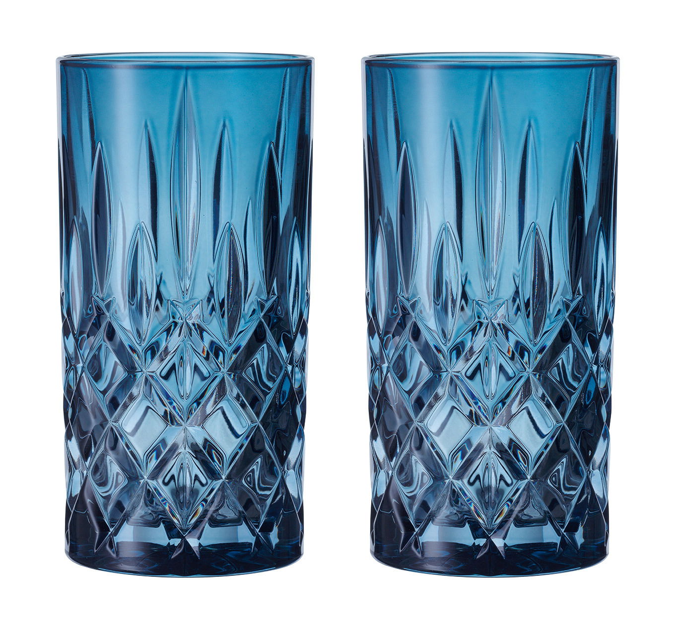 Zwei blaue Longdrinkgläser im Noblesse-Design, frontal fotografiert, mit elegantem Schliffmuster.