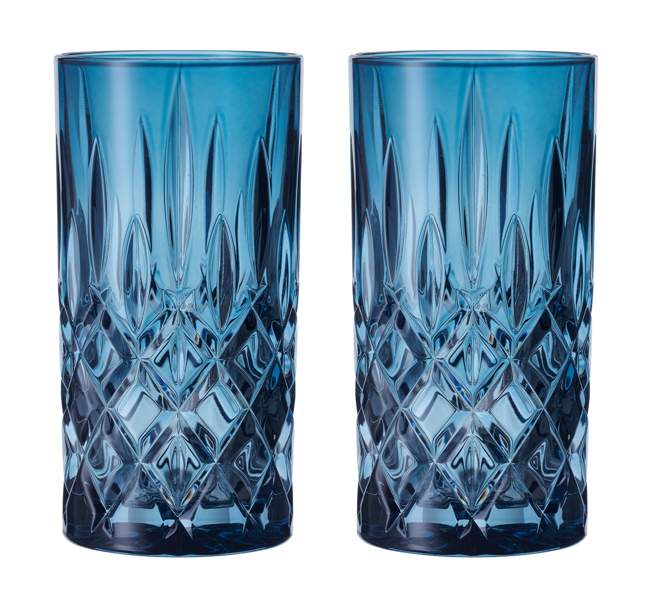 Zwei blaue Longdrinkgläser im Noblesse-Design, frontal fotografiert, mit elegantem Schliffmuster.