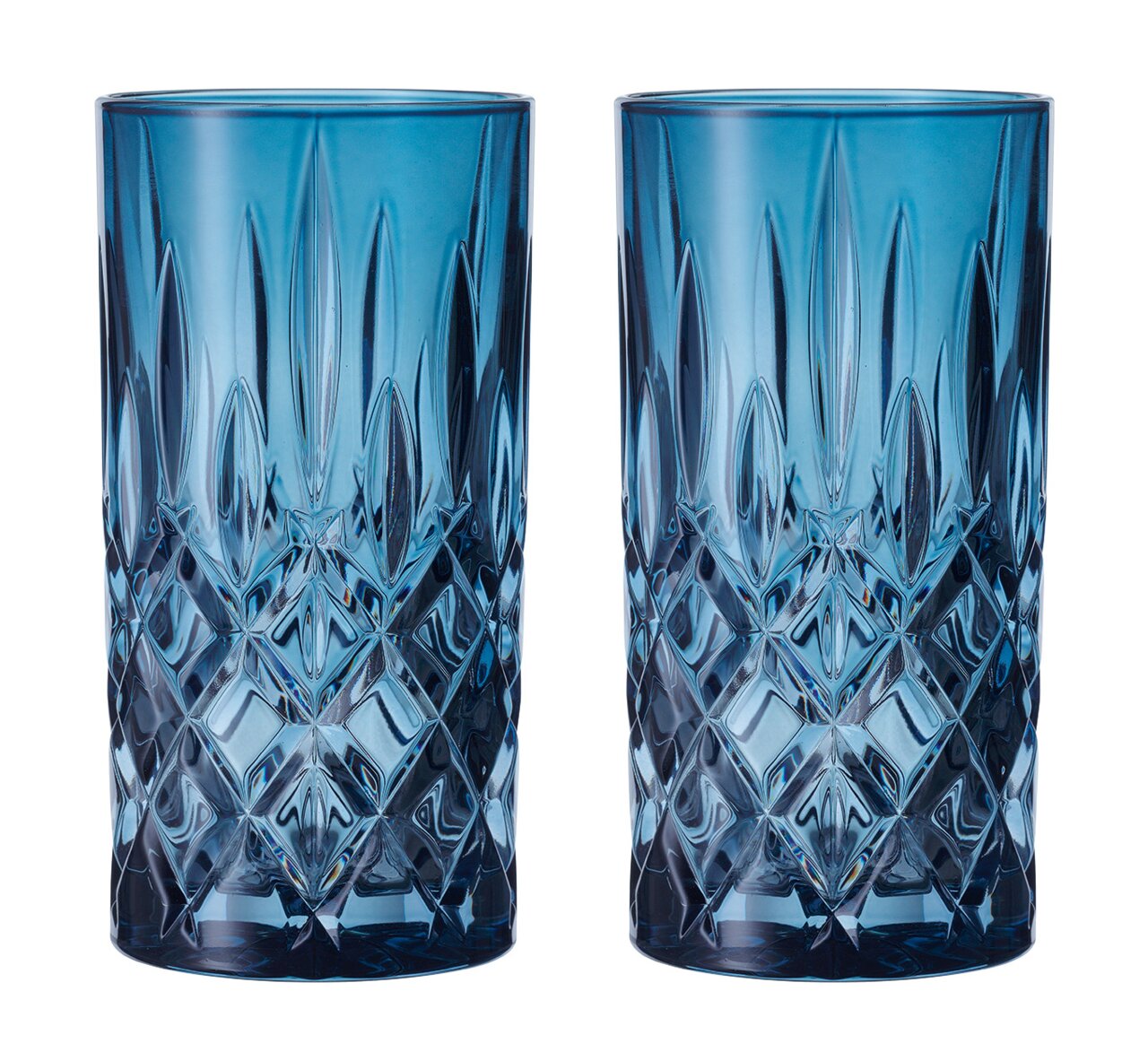Zwei blaue Longdrinkgläser im Noblesse-Design, frontal fotografiert, mit elegantem Schliffmuster.