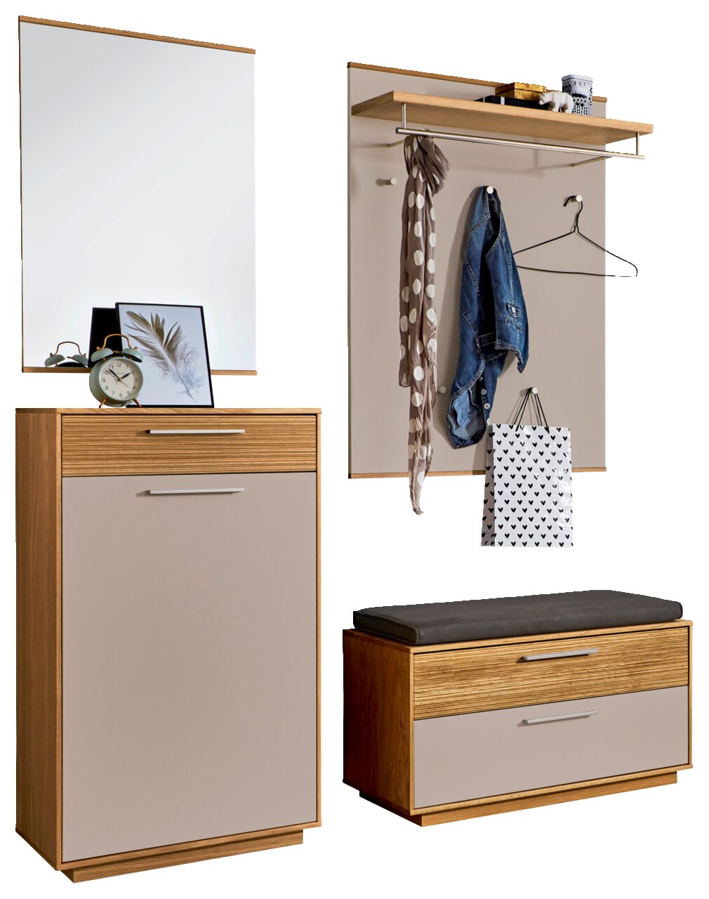 Garderoben-Set im modernen Design mit Schuhschrank und Spiegel sowie Wandpaneel mit Ablage, Kleiderstange und Haken in Holzoptik und hellen Fronten, gezeigt in Frontansicht auf weißem Hintergrund