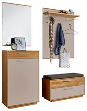 Garderoben-Set im modernen Design mit Schuhschrank und Spiegel sowie Wandpaneel mit Ablage, Kleiderstange und Haken in Holzoptik und hellen Fronten, gezeigt in Frontansicht auf weißem Hintergrund