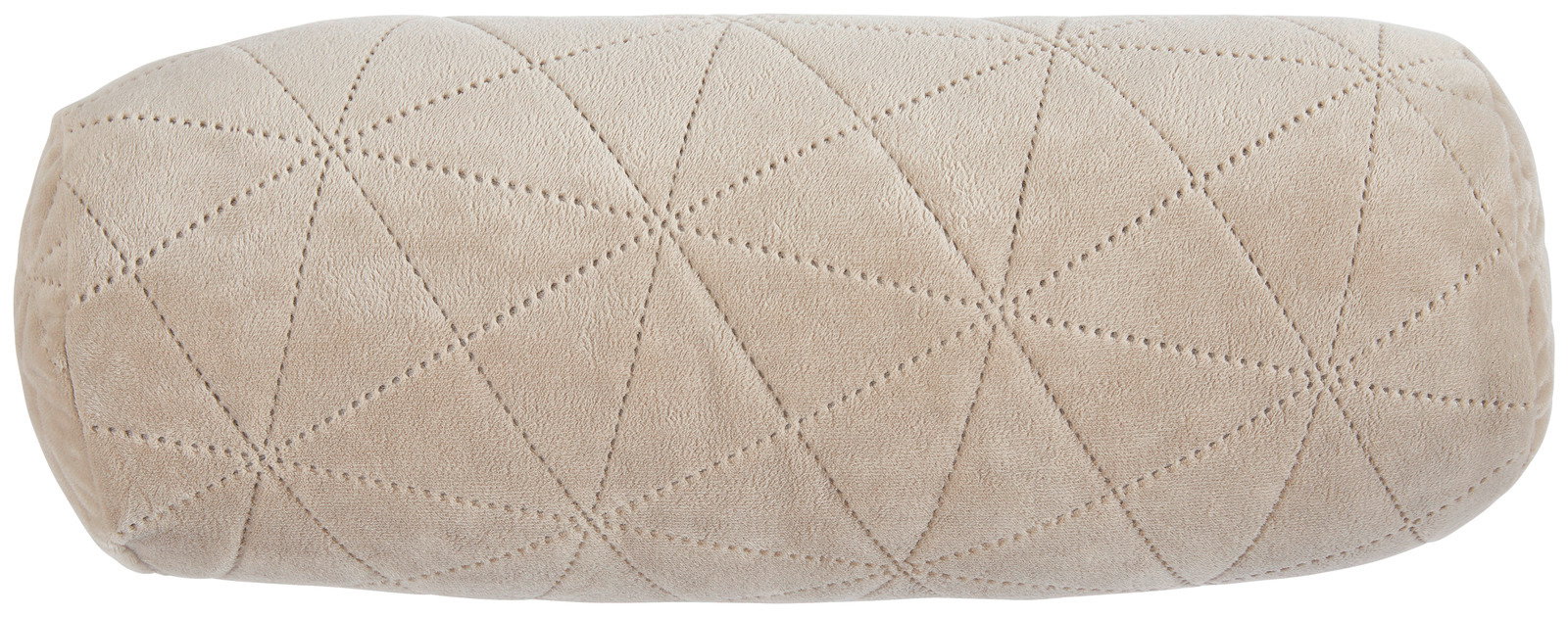 Zylindrisches Kissen mit geometrischem Muster in Beige, seitliche Perspektive