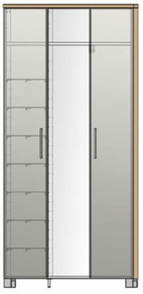 Frontansicht eines XL-Dielenschranks mit zwei Türen, einer Spiegeltür und mehreren Regalfächern.