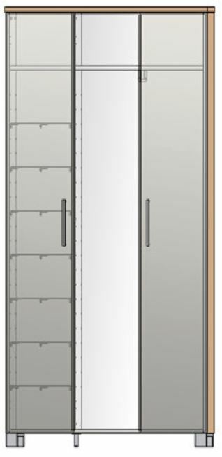 VOSS XL-Dielenschrank SANTINA Frontansicht eines XL-Dielenschranks mit zwei Türen, einer Spiegeltür und mehreren Regalfächern.