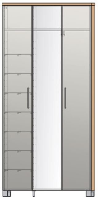 VOSS XL-Dielenschrank SANTINA Frontansicht eines XL-Dielenschranks mit zwei Türen, einer Spiegeltür und mehreren Regalfächern.