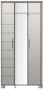 Frontansicht eines XL-Dielenschranks mit zwei Türen, einer Spiegeltür und mehreren Regalfächern.