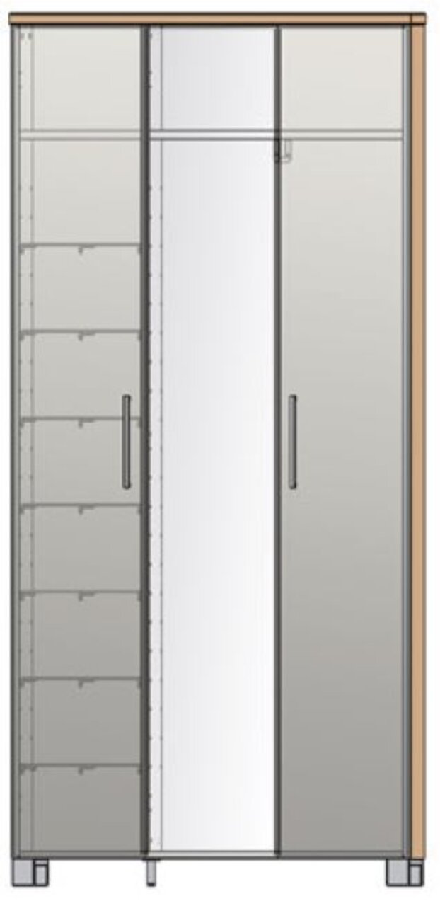 VOSS XL-Dielenschrank SANTINA Frontansicht eines XL-Dielenschranks mit zwei Türen, einer Spiegeltür und mehreren Regalfächern.