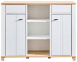 Weiße Kommode mit zwei Schubladen und offenen Regalfächern, Frontansicht