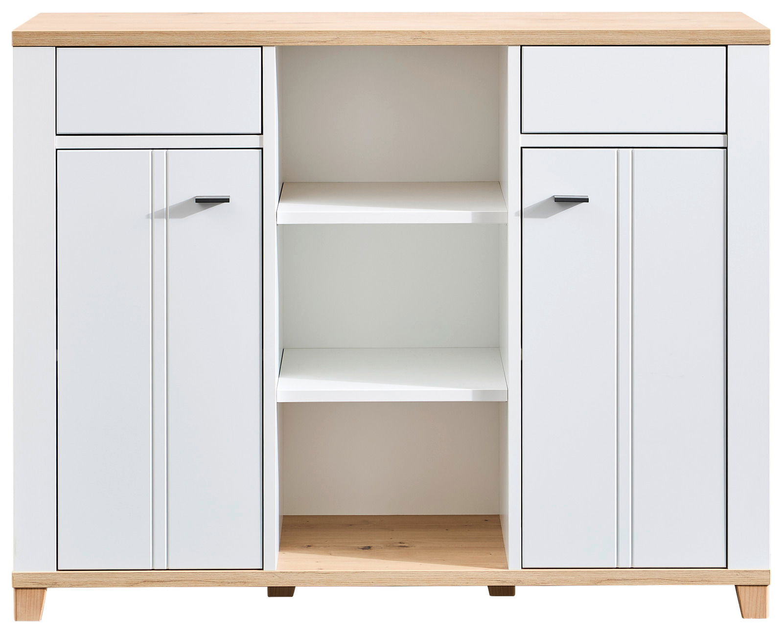 Weiße Kommode mit zwei Schubladen und offenen Regalfächern, Frontansicht