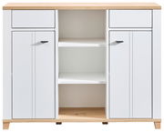 Weiße Kommode mit zwei Schubladen und offenen Regalfächern, Frontansicht