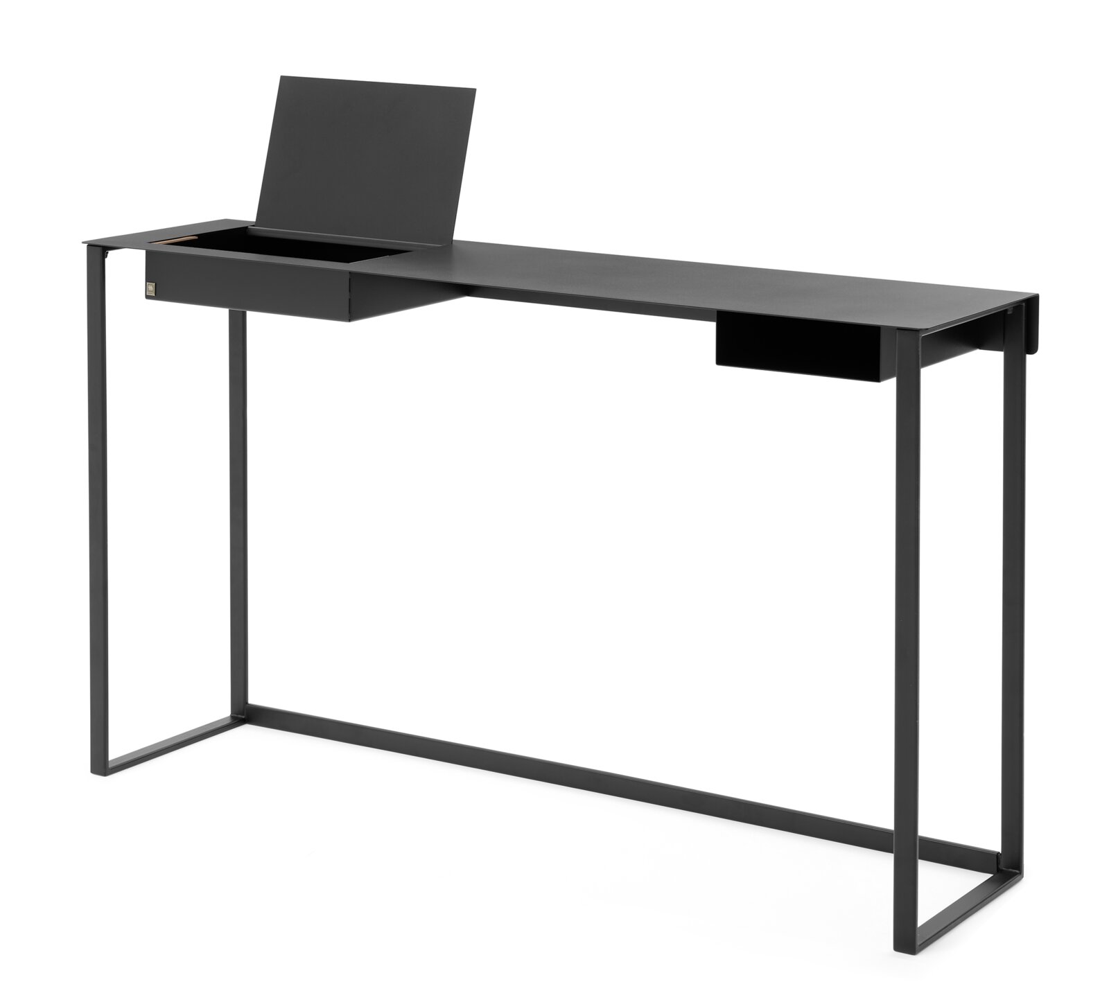 Moderner schwarzer Konsolentisch mit schlankem Design und integriertem Fach, seitliche Perspektive