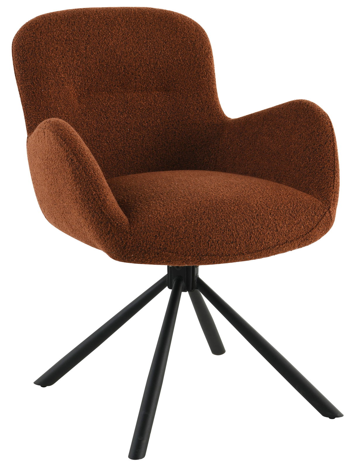 Brauner Armlehnstuhl mit schwarzem Metallgestell, Vorderansicht