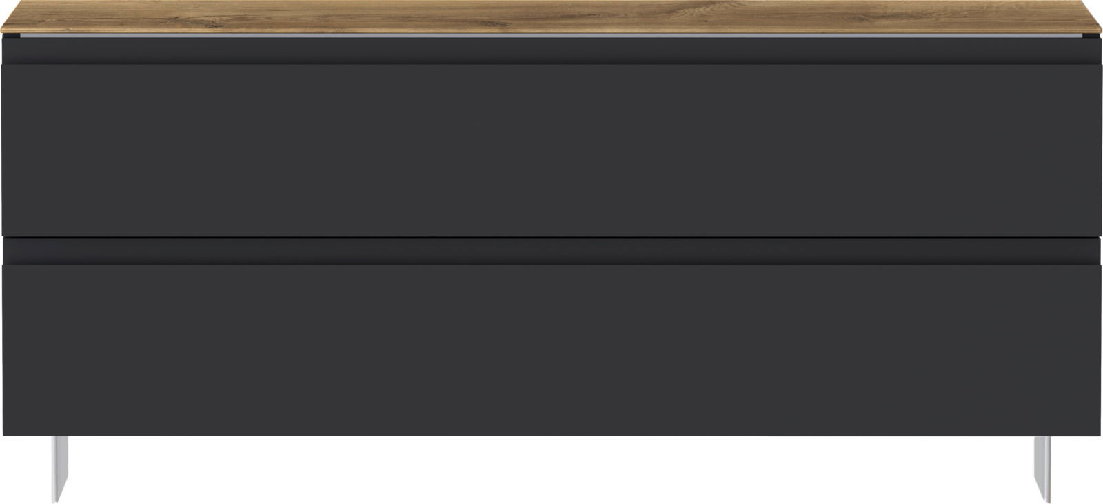 Frontansicht einer modernen Garderobenbank mit dunkler Oberfläche und Holzplatte.