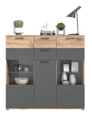 Modernes Highboard mit Holz- und Grautönen, dekoriert mit Pflanzen, Büchern und einer Lampe, Frontalansicht.