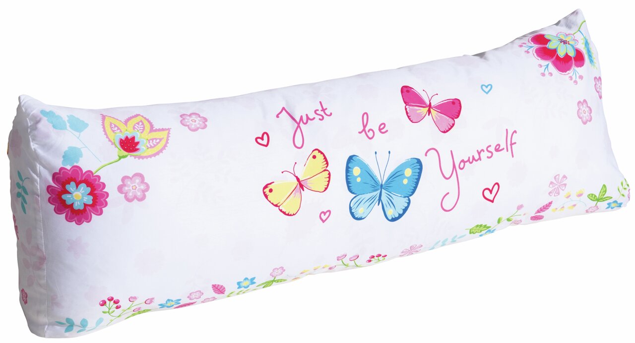 Rückenkissen mit bunten Schmetterlingen und Blumen, Aufschrift 'Just be Yourself', seitliche Perspektive