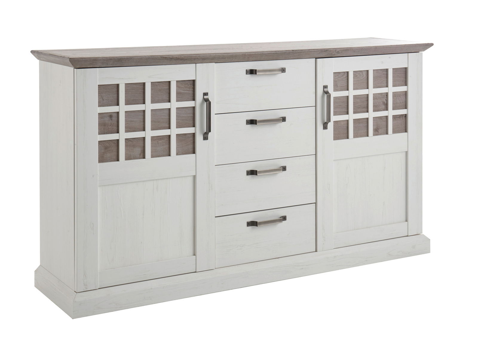 Weiße Kommode mit vier Schubladen in der Mitte und zwei Türen mit Gittermuster an den Seiten, aus seitlicher Perspektive fotografiert.