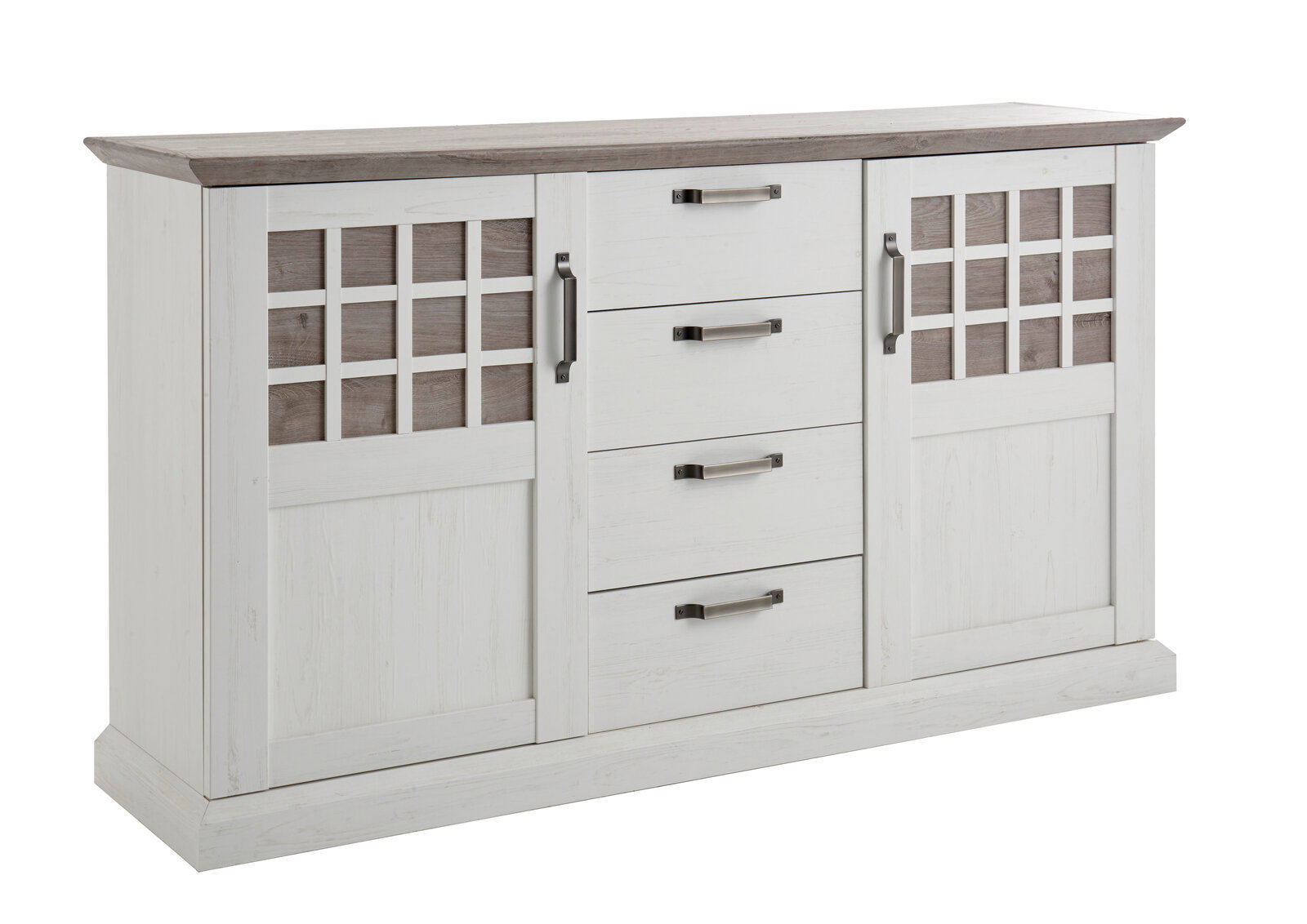 Weiße Kommode mit vier Schubladen in der Mitte und zwei Türen mit Gittermuster an den Seiten, aus seitlicher Perspektive fotografiert.