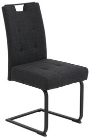 Moderner Schwingstuhl in dunklem Stoffbezug mit Metallgestell, seitliche Perspektive