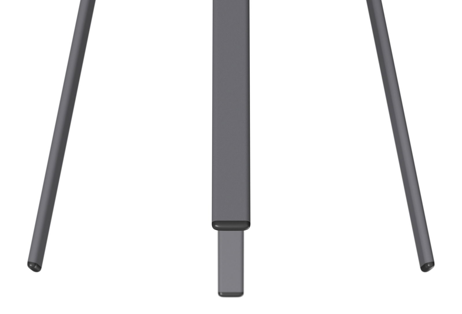 Nahaufnahme der Beine eines Beistelltisches aus schwarzem Metall, von unten betrachtet.