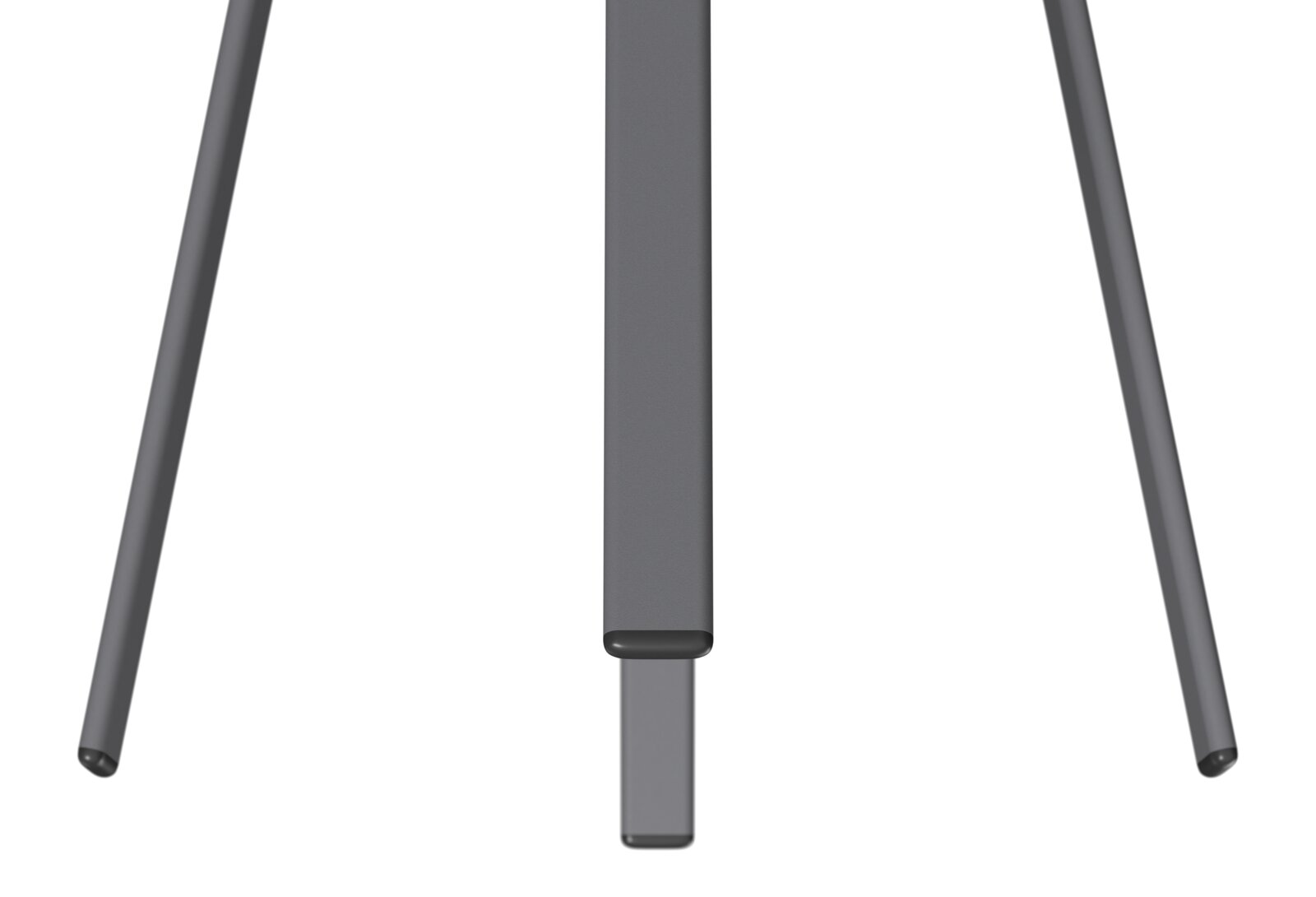 Nahaufnahme der Beine eines Beistelltisches aus schwarzem Metall, von unten betrachtet.