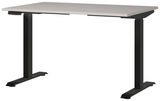 Moderner E-Schreibtisch mit schwarzem Gestell und grauer Tischplatte, seitliche Perspektive