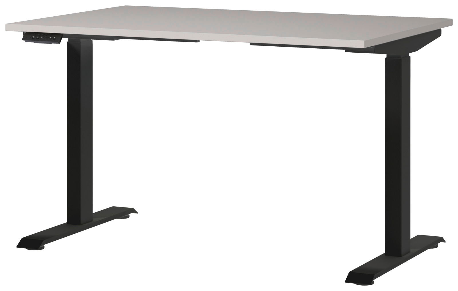 E-Serie E-Schreibtisch E-SYSTEM Moderner E-Schreibtisch mit schwarzem Gestell und grauer Tischplatte, seitliche Perspektive