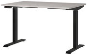 Moderner E-Schreibtisch mit schwarzem Gestell und grauer Tischplatte, seitliche Perspektive