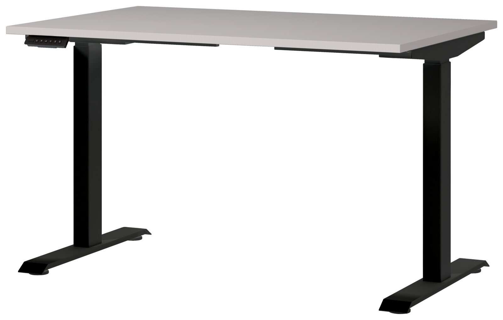 E-Serie E-Schreibtisch E-SYSTEM Moderner E-Schreibtisch mit schwarzem Gestell und grauer Tischplatte, seitliche Perspektive