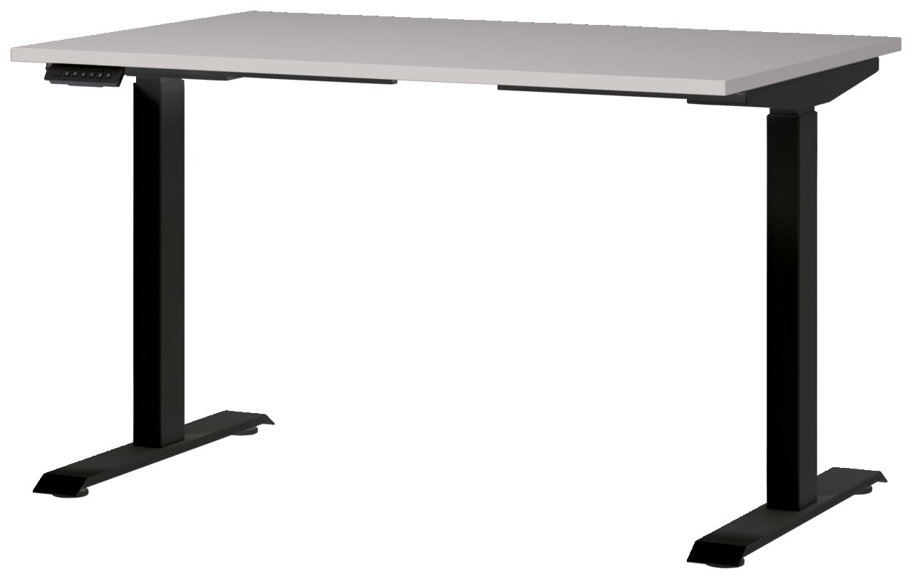E-Serie E-Schreibtisch E-SYSTEM Moderner E-Schreibtisch mit schwarzem Gestell und grauer Tischplatte, seitliche Perspektive