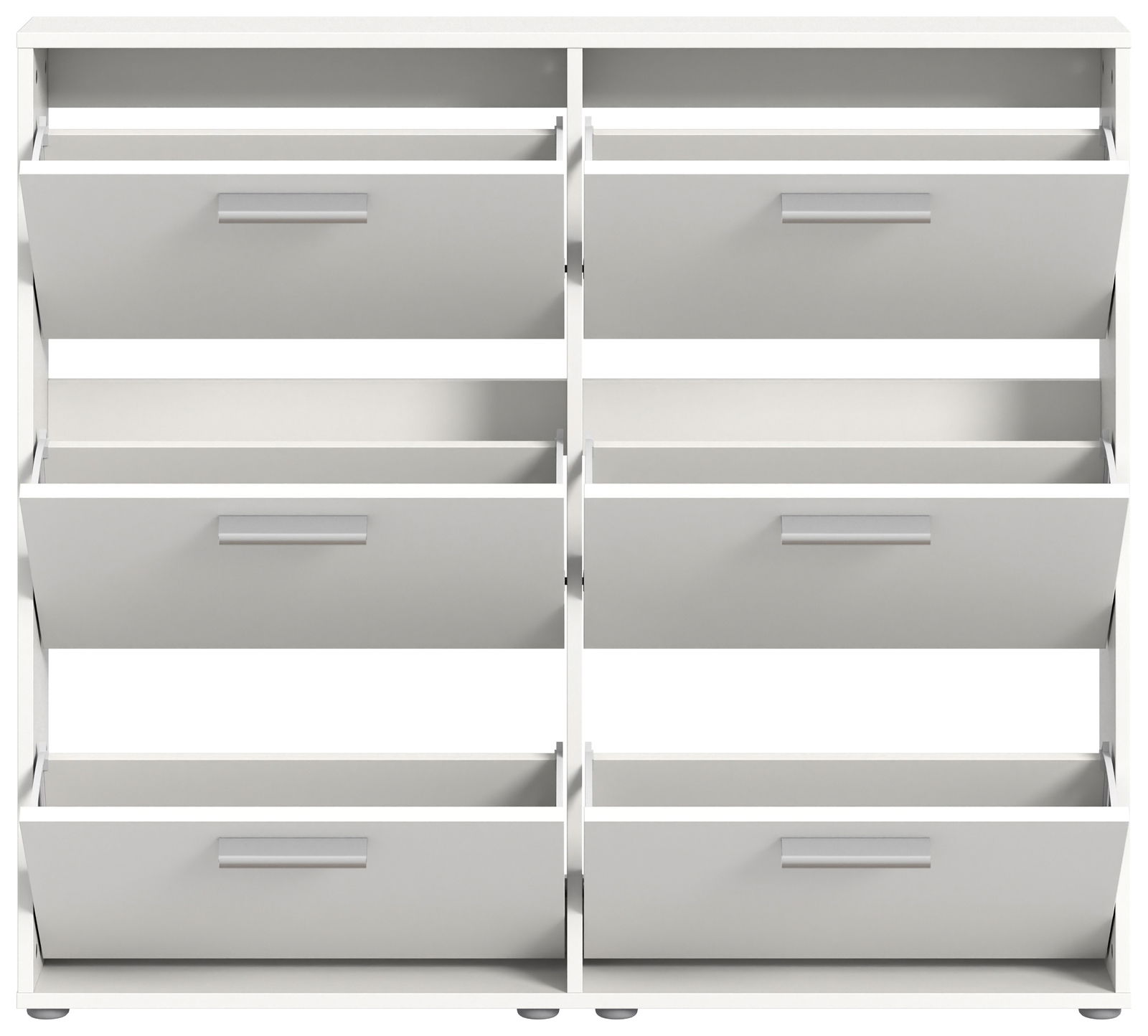 Weißer Schuhkipper mit sechs Klappen, frontal betrachtet